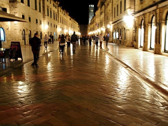 Streets of Dubrovnik after midnight! Look how shiny the cobblestone streets are! Slippery when wet!