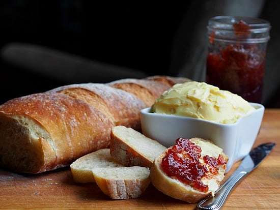 Nothing better than a good loaf of crusty bread, homemade butter and homemade strawberry jam! 
