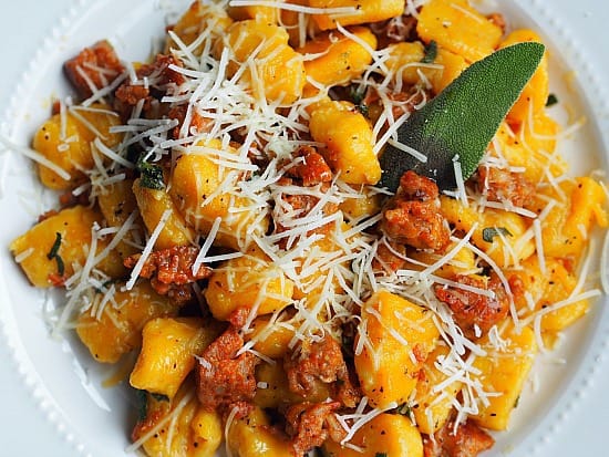 Is this serious Fall food or what? Butternut squash gnocchi with sausage and sage butter. It's like a little Italian heaven on a plate!  
