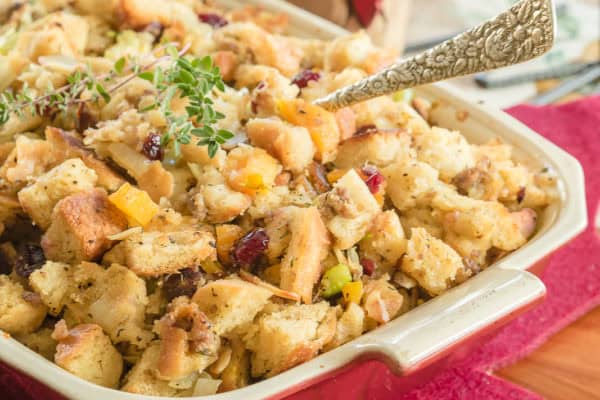 Amazing sausage stuffing with dried fruit, almonds and yes my friends Grand Marnier!