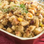 Amazing sausage stuffing with dried fruit, almonds and yes my friends Grand Marnier!