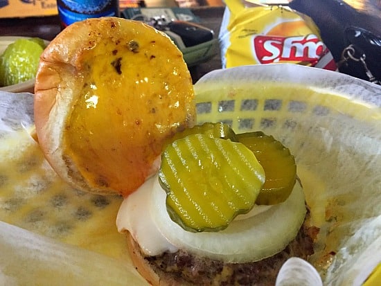 But it all gets soaked up with Bud's yummy burgers and homemade pickles. 