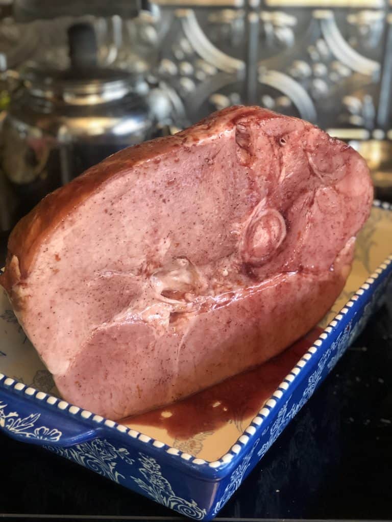 A picture of the Cherry Rum Glazed ham before it goes in the oven