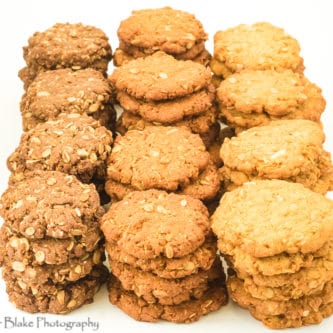A picture of Anzac Biscuits made three ways. With golden syrup, molasses and corn syrup