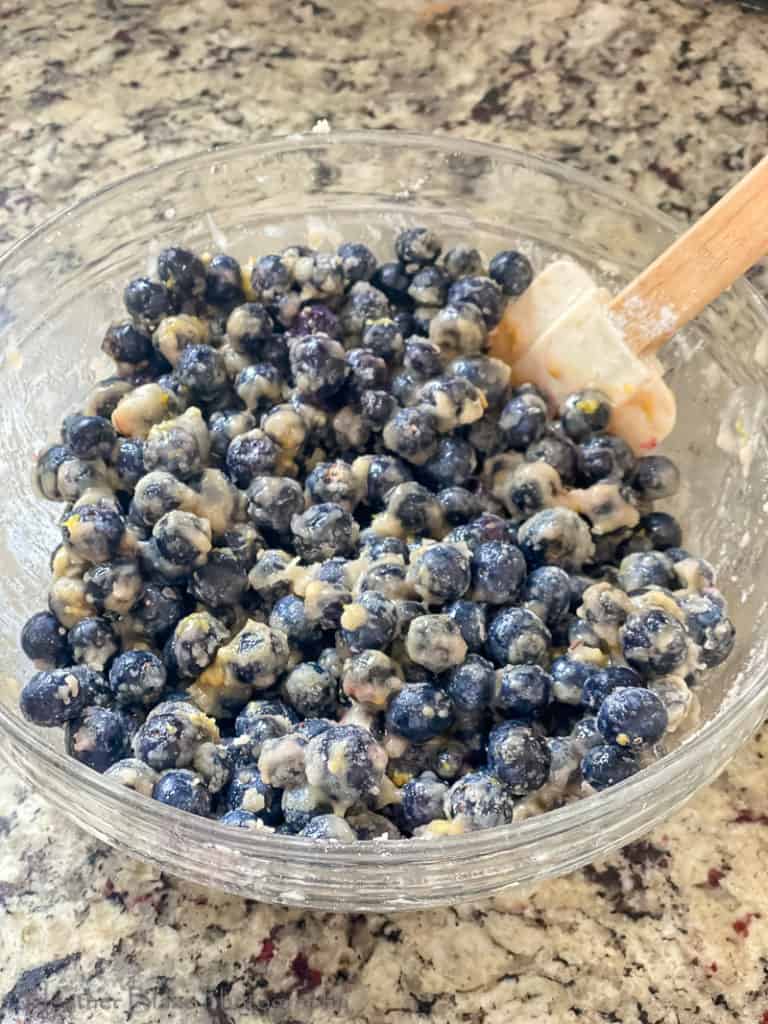 A picture of blueberries coated in sugar, flour, lemon, and vanilla extract before loading into pie shell.
